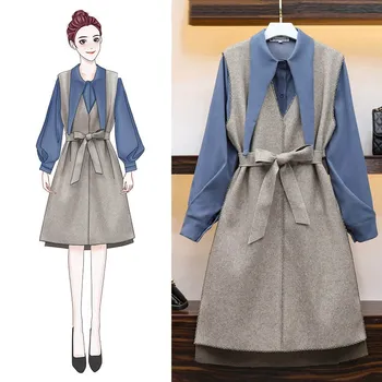 

Spring Fall Plus Size Women Set Solid Dresses Temperament Lapel Long Lantern Sleeve Shirt Vest Dress Two Piece Set