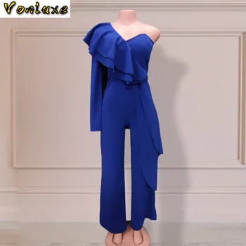 

2020 New Women Female Fashion High Waist Jumpsuit One Shoulder Long Sleeve Elegant Blue Romper Trousers Ladies Pants