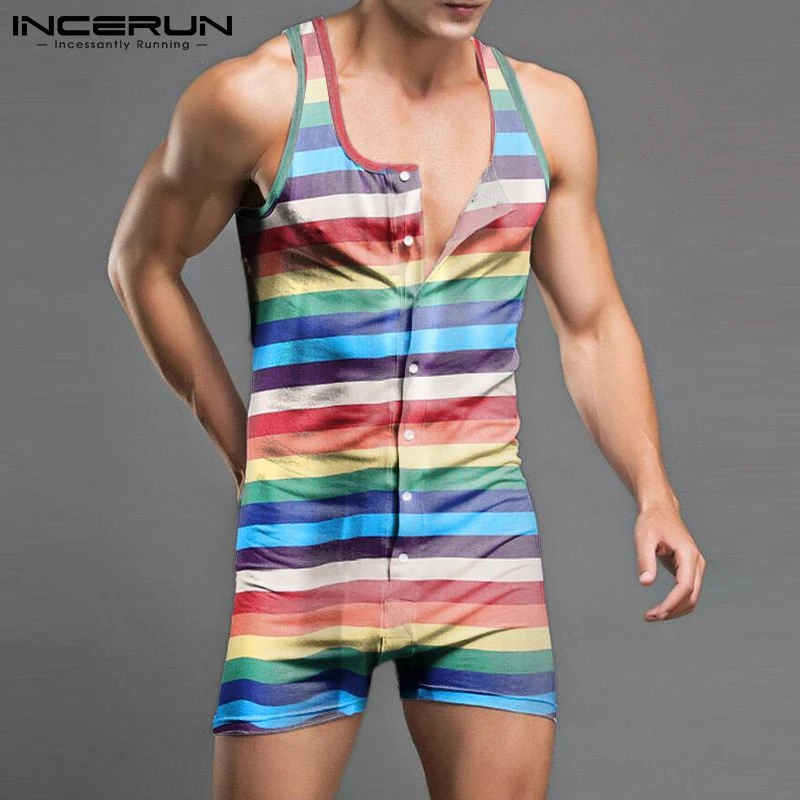 mens silk pajamas Men Striped Pajamas Rompers O Neck Sleeveless Jumpsuits 2022 Button Fitness Homewear Cozy Sleepwear Playsuits Men S-5XL INCERUN men satin pajamas