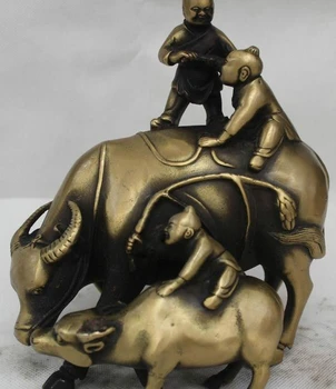 

8"China Chinese Folk Bronze Lucky Lifelike Three cowboy Two Ox cow Cattle Statue