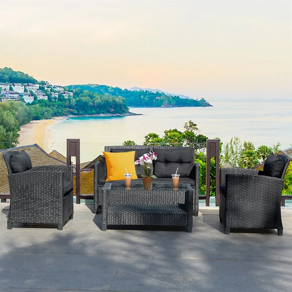 

Costway 4-Piece Patio Rattan Wicker Conversation Furniture Set Soft Cushion Chairs Table