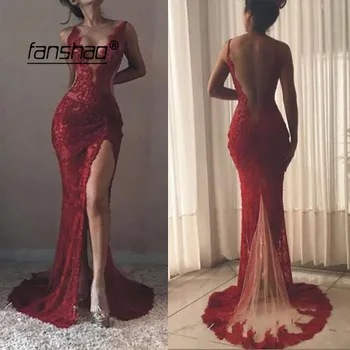 

Sexy See Through Evening Dress Deep-V Mermaid High Slit Lace Special Occasion Islamic Dubai Saudi Arabic Evening Gown Prom Dress