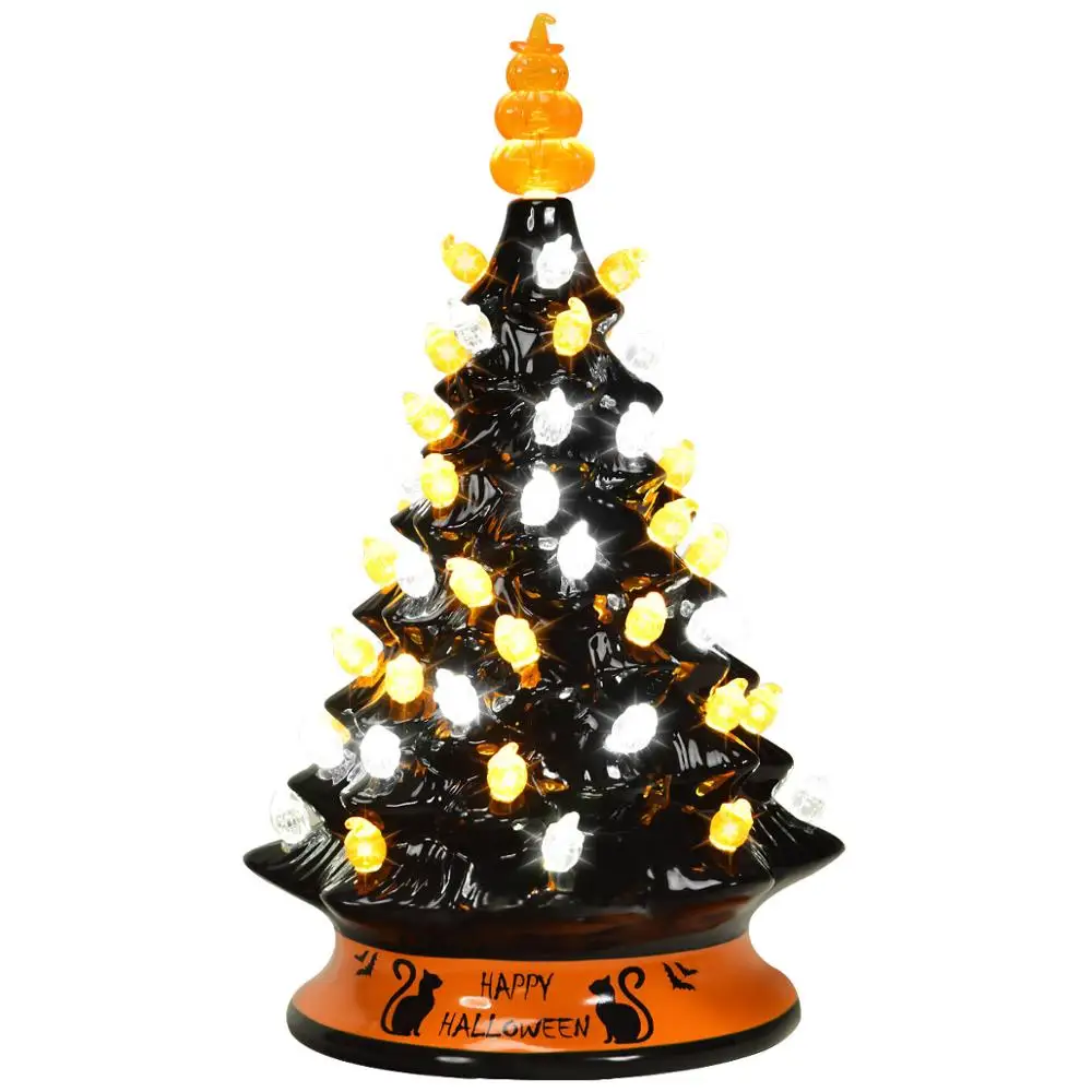 15" Prelit Hand-Painted Ceramic Tabletop Christmas Tree Battery Powered Gold 