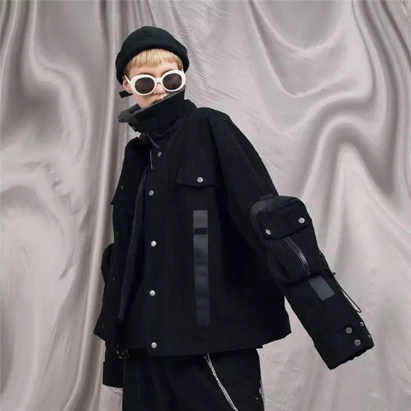 Зимняя куртка мужская Techwear черные толстые теплые куртки пальто с меховой