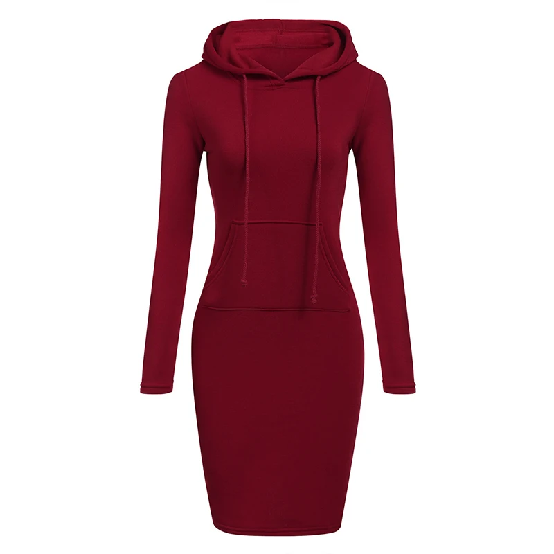 Autumn Winter Sweatshirt Long Sleeve Dress 2019 Female Casual Hooded Collar Pocket Design Simple Style Drawstring 3