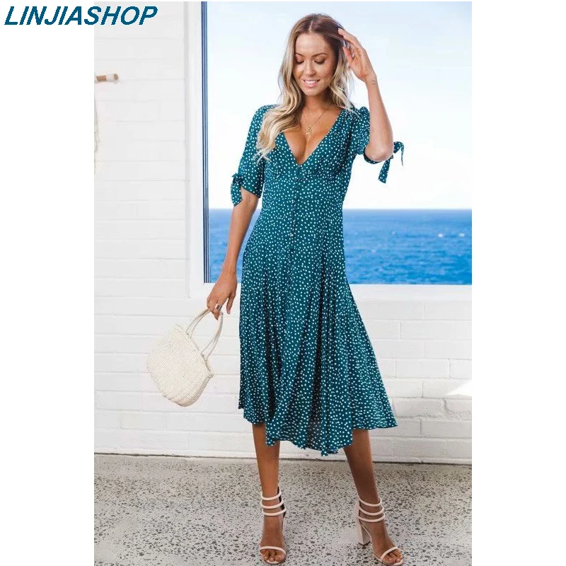 

Elegant sexy v neck midi dress woman short sleeve dot irregular hem A line split dress bodycon vestido plus size robe femme