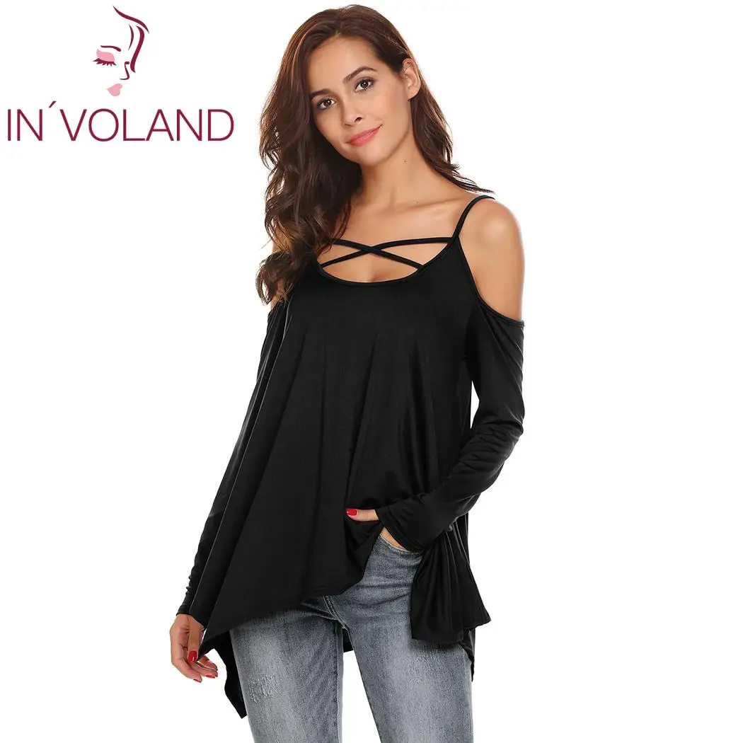 Женские футболки с открытыми плечами с перекрещивающимися передними бретельками с длинным рукавом, повседневные однотонные свободные топы-туники