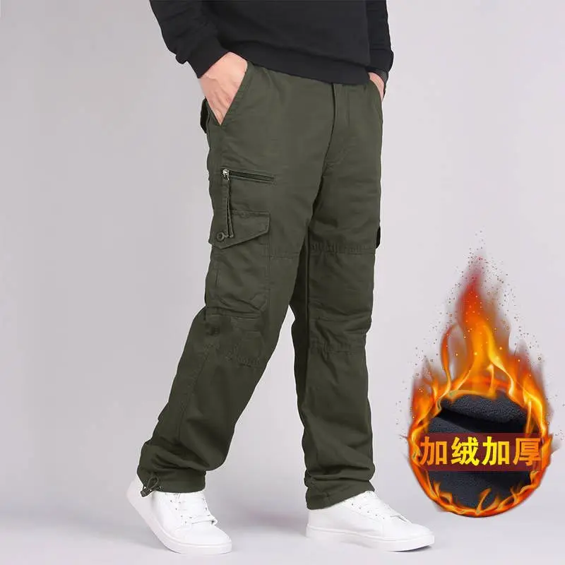Online Fleece Warme Winter Cargo Hosen männer Casual Lose Multi tasche Männlichen 2019 Military Armee Stil Grün Khaki Hosen Größe 3XL