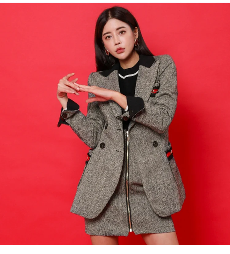 Winter Solid Grey Double Breasted Notched Blazer Coat Zipper Mini Bodycon Skirt Two Piece Women's Wool Blend Suit Dress