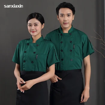 

Unisex restaurant uniform work clothes men short sleeves hotel kitchen jacket M-4XL chef coats Sushi costume waitress uniform