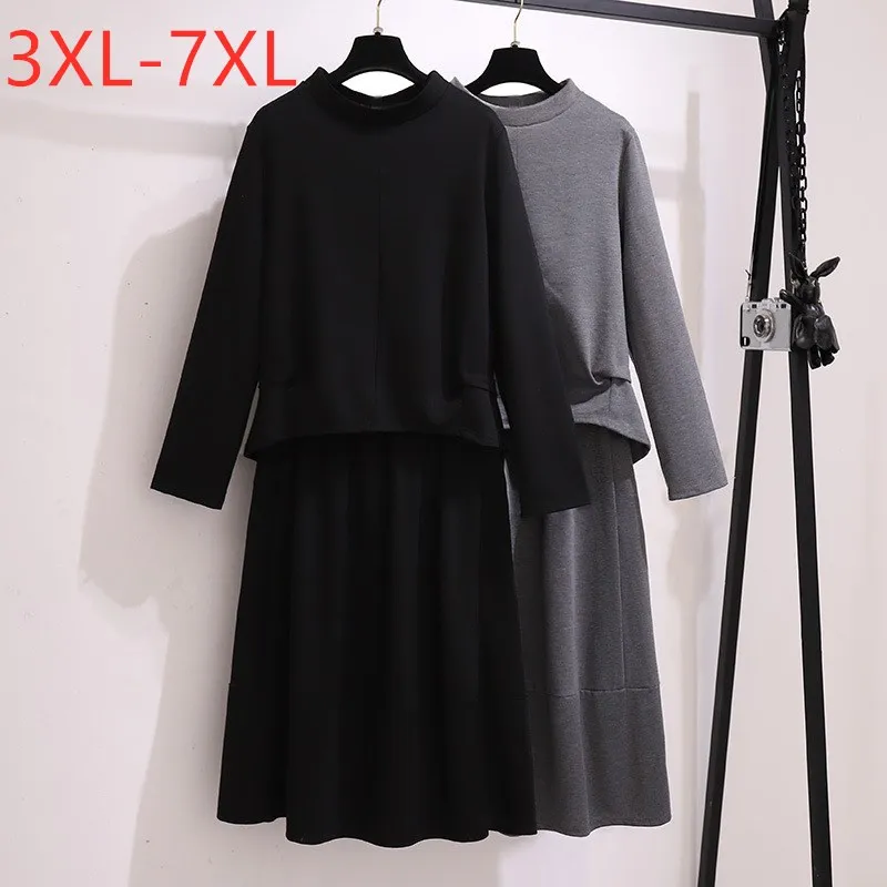 

New 2021 Autumn Winter Plus Size Women Large Black Casual Pullover And Long Skirt Two Piece Sets 3XL 4XL 5XL 6XL 7XL
