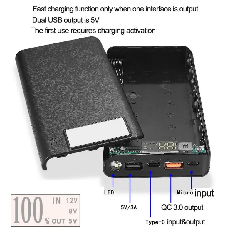 QC 3,0 Dual USB+ Тип C PD 8x18650 Батарея DIY Мощность банка коробки светодиодный свет быстро Зарядное устройство для iPhone samsung для мобильного телефона, планшета, 24BB