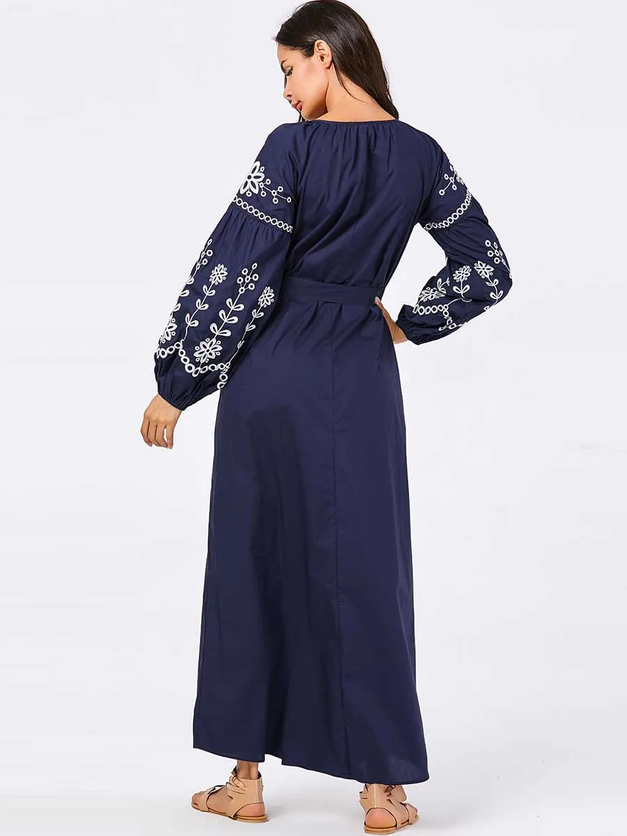 Женский Восточный халат Абая для мусульман скромное платье темно синего цвета
