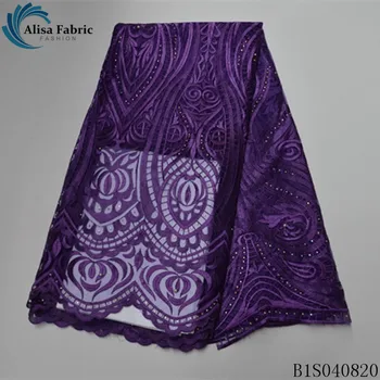 

Alisa purple african lace fabric embroidery with beads and stones 5 yards/piece french net laces mesh fabrics for garment sewing