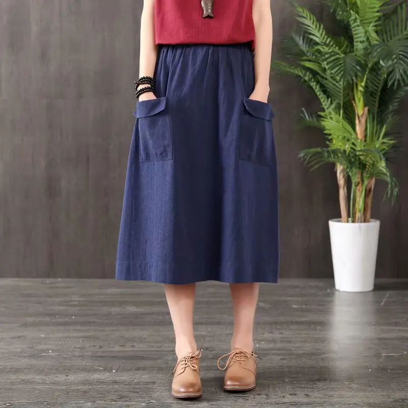 

Spring And Summer New Style Literature And Art Solid Color mian ma da Pocket Skirt Loose-Fit Slimming Mid-length A- line Skirt W