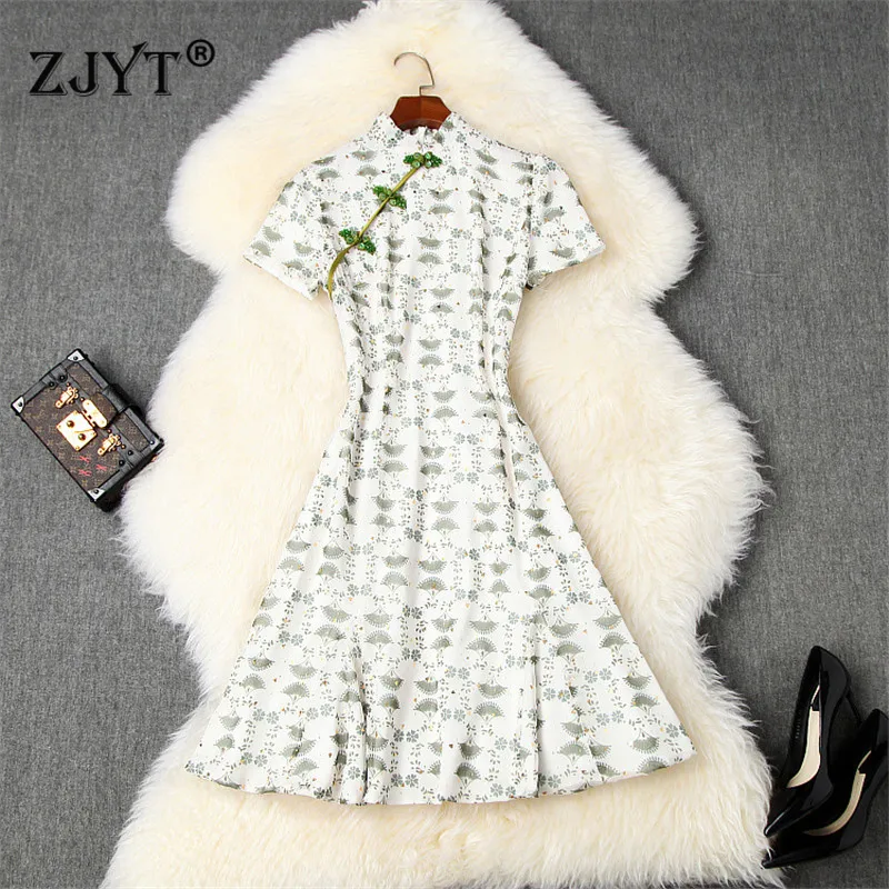 Fashion Cheongsam Style Summer Short Sleeve Women 2020 New Designer Elegant Stand Neck Vintage Mini Party Dresses Female | Женская