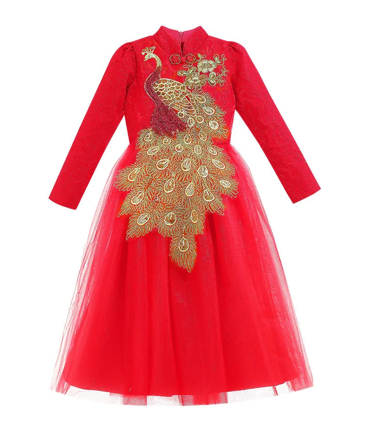 Детское длинное платье Китайская вышивка блесток Cheongsam платья сетка многослойное платье Принцесса Вечерние Свадебные Элегантные вечерние Дамское Платье