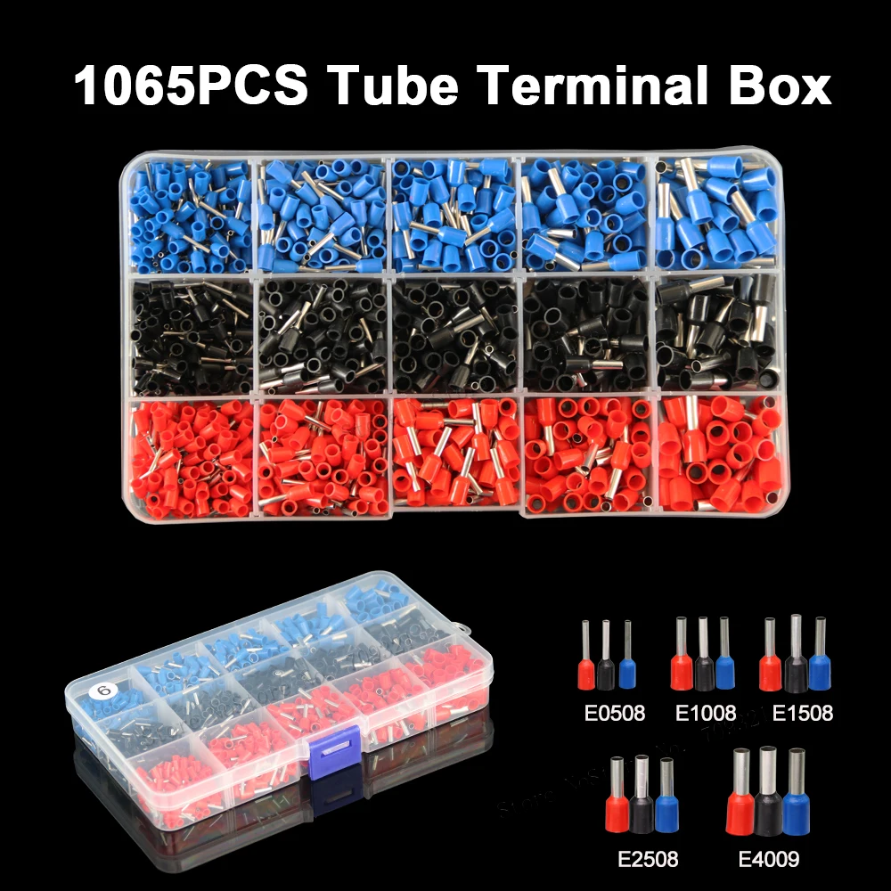 1065pcs AWG12-22 0.5-4mm2 Tube Terminal Crimp Kit Cord Pin End Insulated Wire Terminals VE Connector Mixed Electrical |