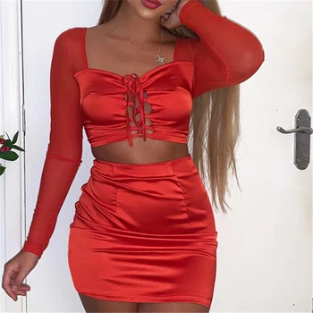 

Matching sets Women Skirt Set Tracksuit High Waist Mini Skirt Long Sleeve Crop Top satin Two Piece Bandage Set 2020 Lounge Wear