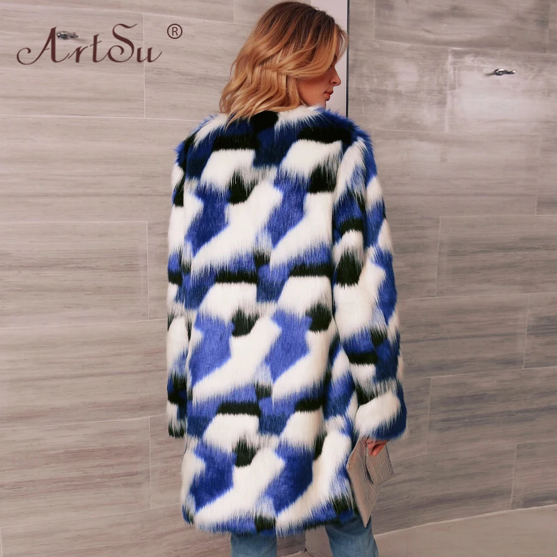 ArtSu 3XL плюс размер женское разноцветное синее длинное пальто из искусственного меха Европейская мода знаменитости верхняя одежда для вечеринки зимнее теплое пальто Femme