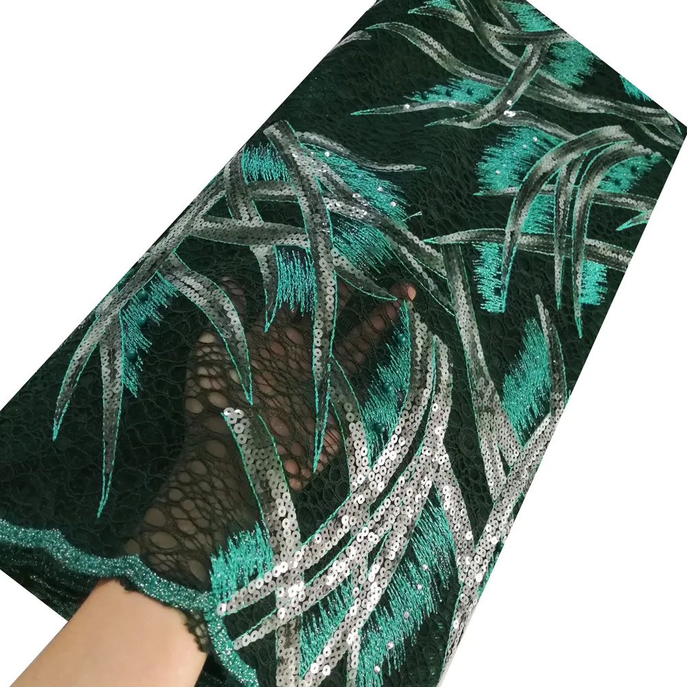 

High Quality African Sequence Cord Lace Fabric with Beads Embroidery Nigerian lace fabric for Nigerian Women Dress