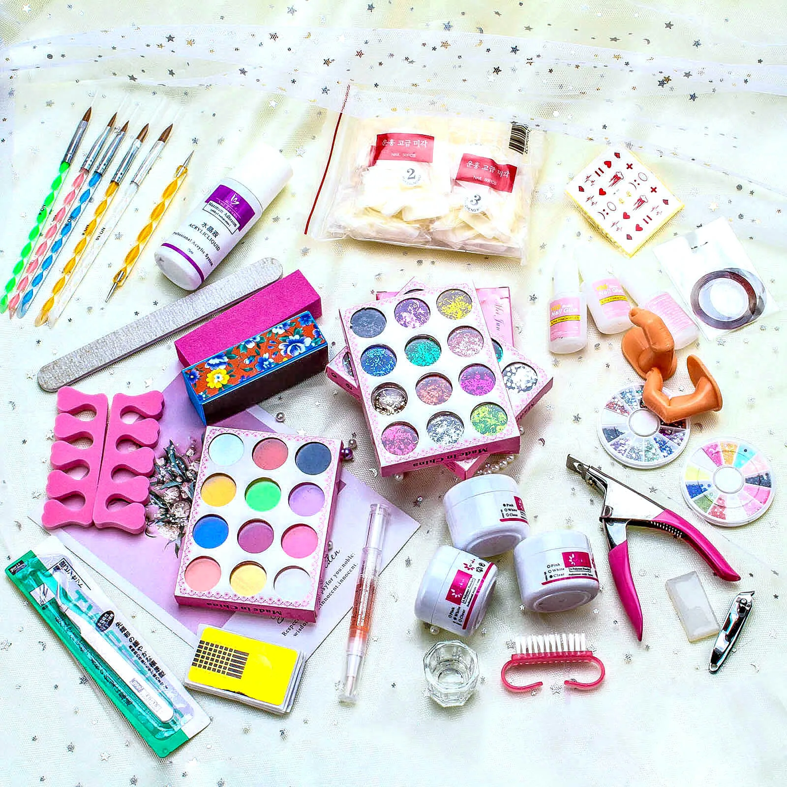 

28in1 Acrylic Liquid Nail Art Brush Glue Powder Buffer Block Deco Tips Tool Kit RU SHIPPING