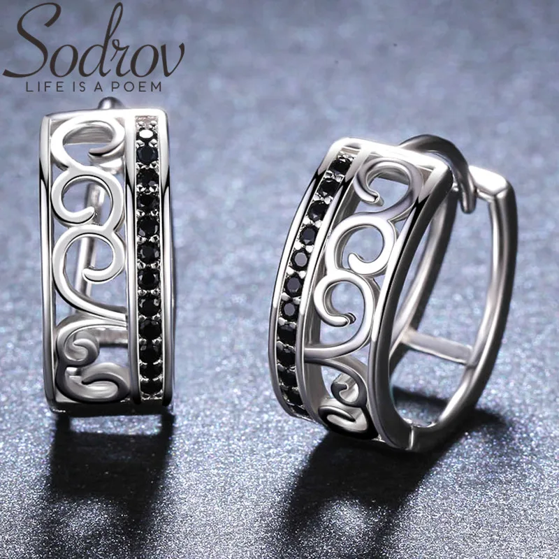 

SODROV Round 925 Sterling Silver Jewelry Delicate Pattern Hoop Earrings for Women Black Spinel Boucles D'oreilles I030