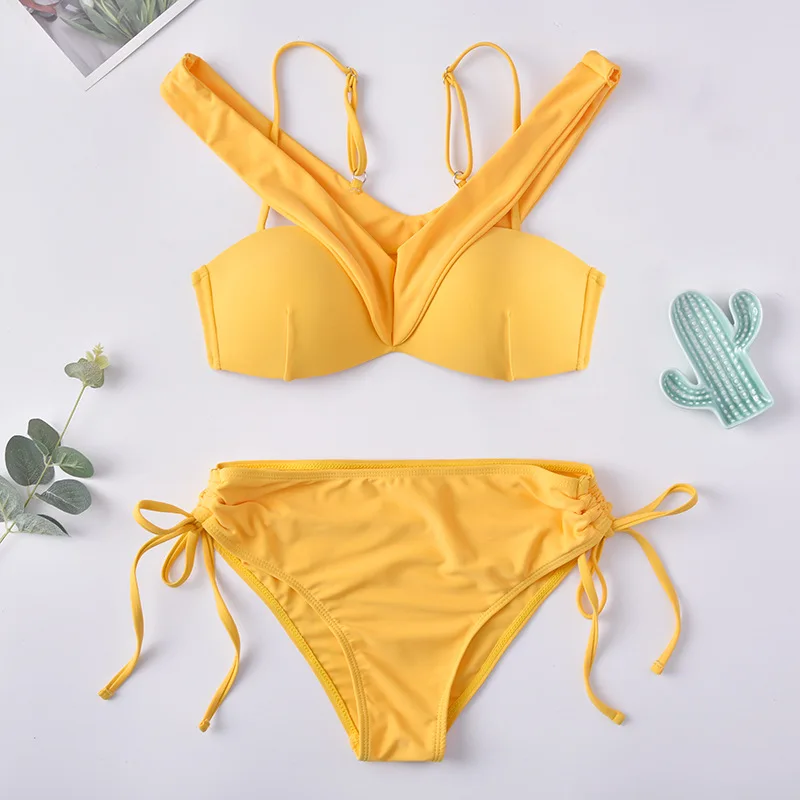 Sexy High Waisted Bikini Yellow Push Up Swimwear Women 2 Pieces Swimsuit Off Shoulder 2020 Triangle Bathing Suit | Женская одежда