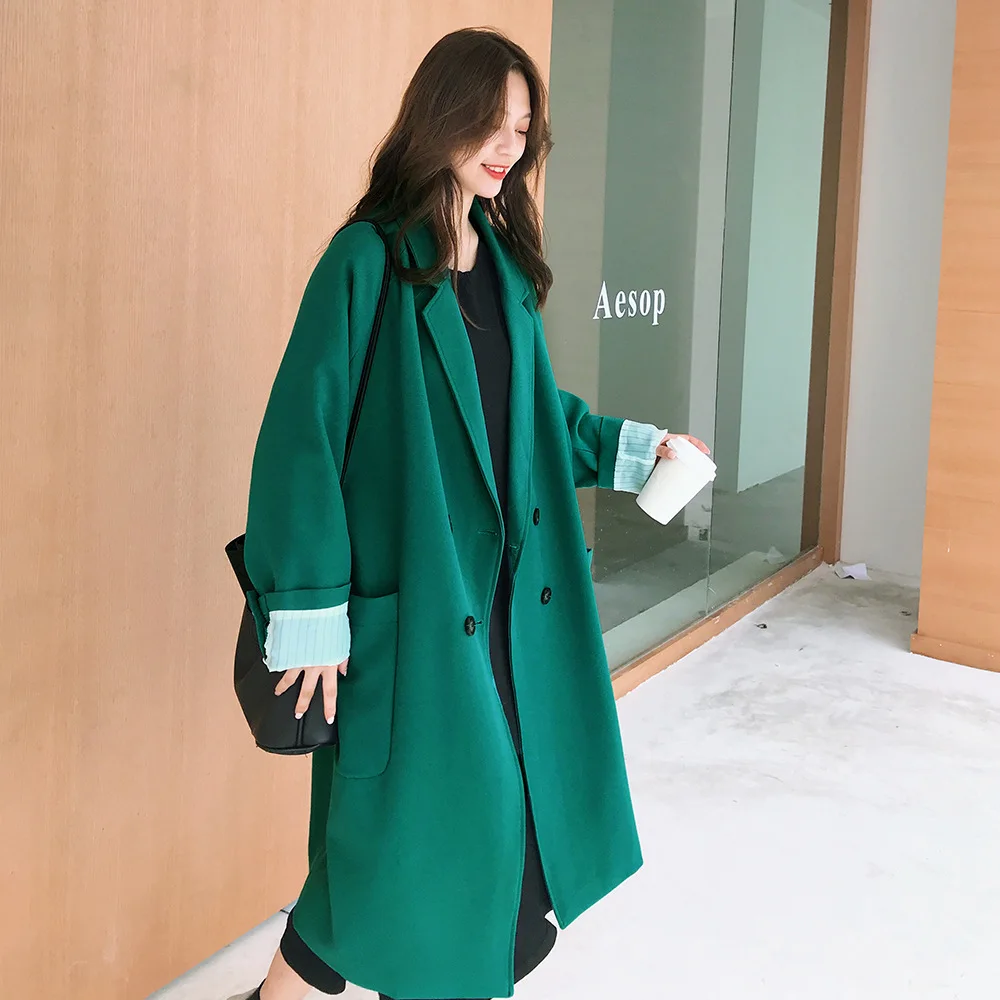 

Korean-style Autumn WOMEN'S Windbreaker 2019 New Style Double Breasted Overcoat Mid-length Elegant Green Suit Jacket Large Size
