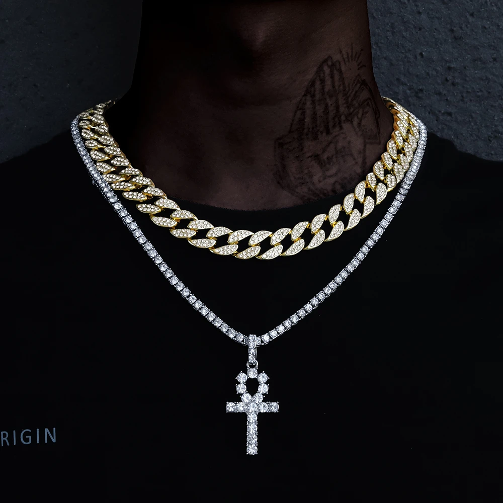 White Gold-Tone Iced Out Hip Hop Bling Symbol Of Life Ankh Cross Pendant 1 Row Square Cubic Zirconia Princess Cut Stones Tennis Chain 24 Necklace Choker Chain 
