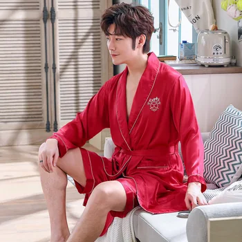 

Burgundy Mens Sleep Robe Kimono Short Pants Pajamas Suit Spring 2PC Sleepwear Sets Casual Home Wear Nightwear Bath Gown L-XXL