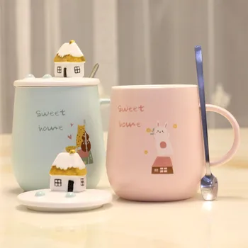 

Cute Cartoon Belly Cup Creative Ceramic Coffee Mug with Lid Spoon 430ml Large Capacity Drinking Mugs Family Breakfast Milk Cups