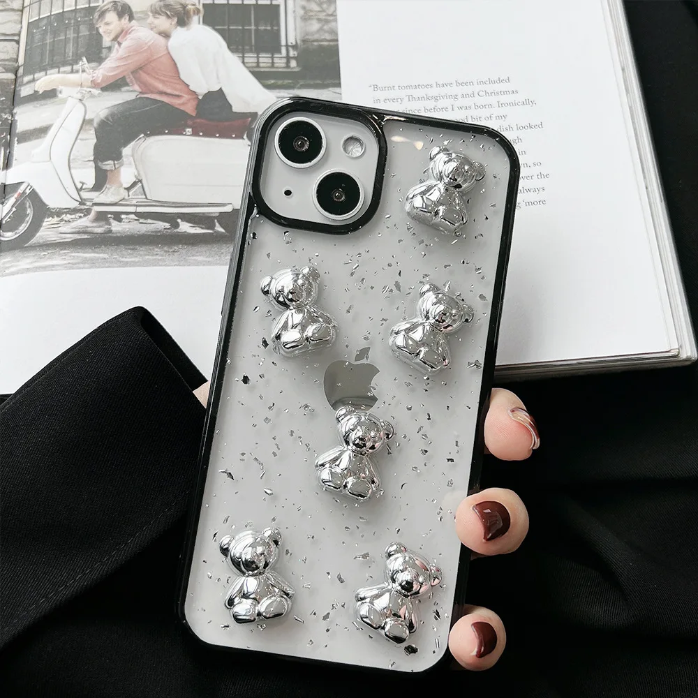 Retro kawaii silver foil bear transparent Phone Case For iPhone 13 11 12 Pro Max Xs Max XR 7 8 Plus X 7Plus case Cute Soft Cover
