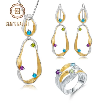 価格 Gem'sバレエ天然トパーズアメジストペリドットツイストジュエリーセット 925 スターリングシルバー手作りリングイヤリングペンダントセット女性のための