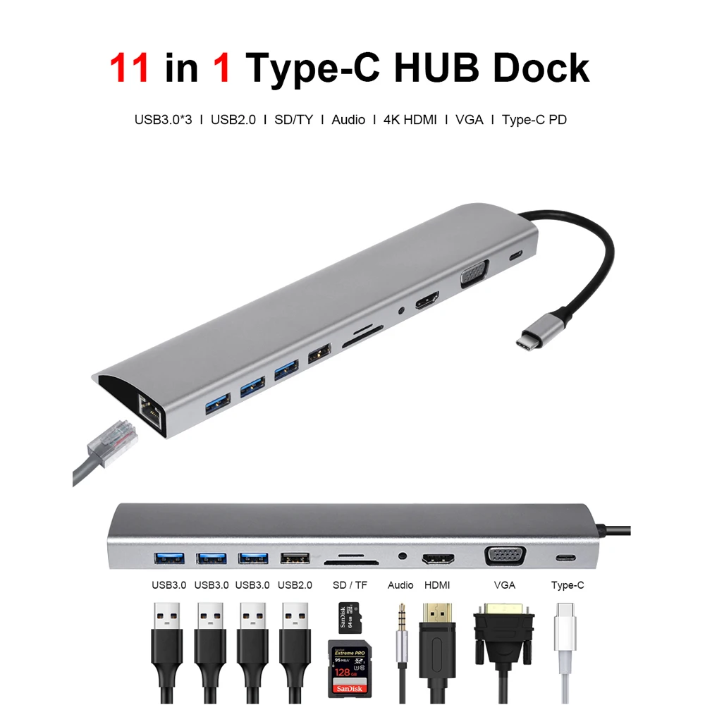 Устройство для чтения карт памяти DeepFox 11 в 1 концентратор USB C к HDMI VGA Lan 3 0 порты SD/TF