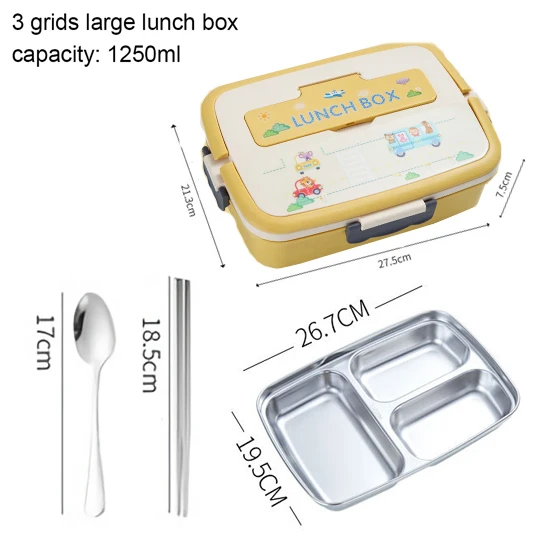 Cute Bento Lunch Box for Kids School Children Microwavable Stainless Steel Kindergarten Children's Bread Sandwich Food Box 3 grid metal
