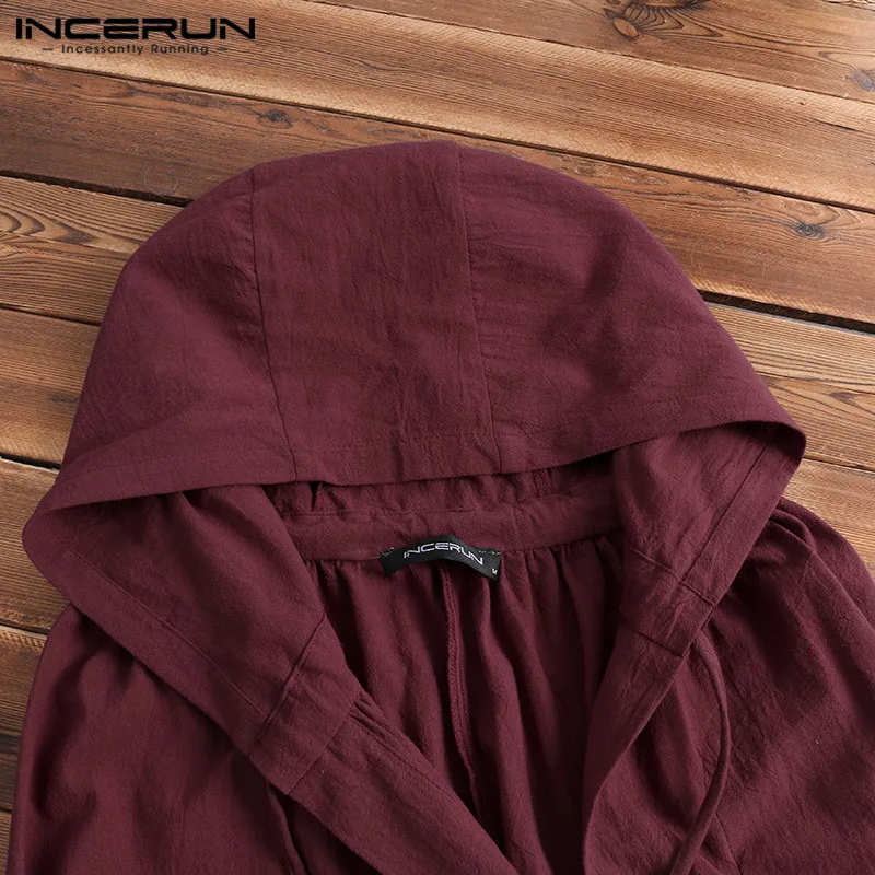 INCERUN Vintage Men Cloak Cape Long Outerwear Hooded Cotton Solid Fashion Jakcets Loose Men Trench Coat Men Cosplay Costume