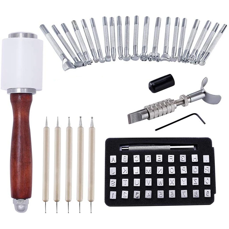 

28PCS Leather Embossing Tools Leather Craft Tools Different Shape Stamps Set DIY Punch Wooden Hammer Embossing Beveler Tools Kit