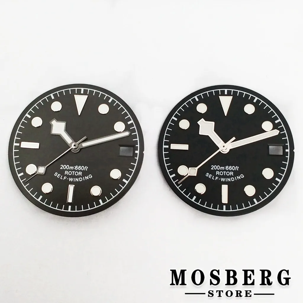 Sterile Luminous Black and Green Watch Dial with Date Window and Hands - 28.5mm