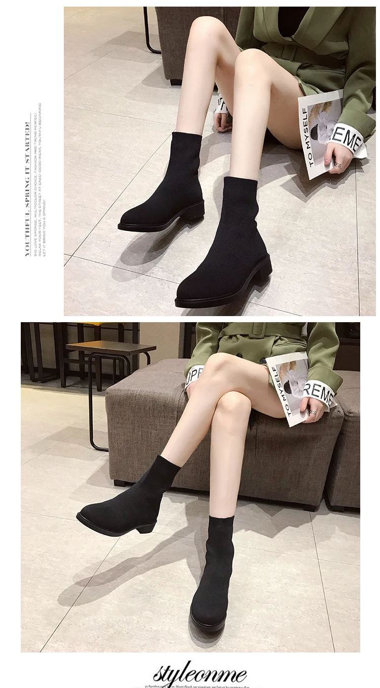 Knitted short stretch fabric socks boots low heels letter black ankle martin booties round toe slip on winter snow bottes femme
