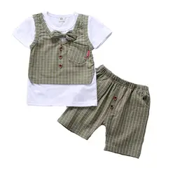 Комплект одежды для маленьких мальчиков; Одежда для новорожденных; летний топ в стиле пэчворк + брюки; Костюм Джентльмена; комплект одежды