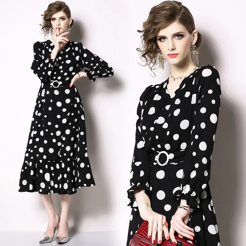 

Ozhouzhan 2019 New Products WOMEN'S Dress Dotted Print Mid-length Dress Flounced V-neck Long Sleeve Skirt Burst