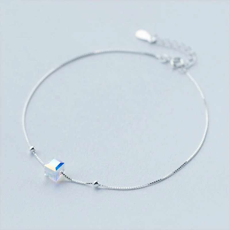 

100% Real 925 Sterling Silver Cube Beads Anklets Fashion Summer Ankle Bracelets for Women Girls Simple Foot Chains for Birthday