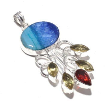 

Solar Quarts + Citrines Pendant Silver Overlay over Copper , 71 mm , P7463