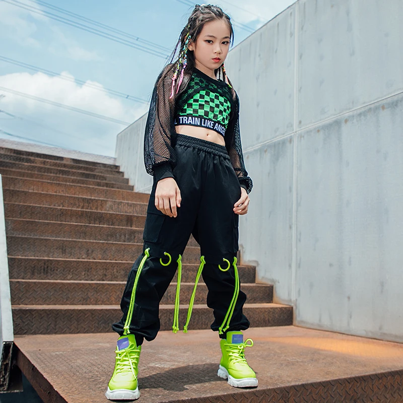 Ballroom Hip Hop Dancing Clothes Girls Net Tops Green Lattice Vest Loose Black Hip Hop Pants Jazz Street Dance Stage Wear BL7107