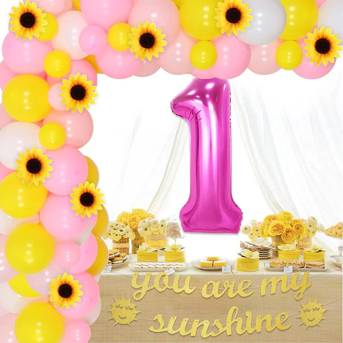 

Sunflower Balloon Garland Arch Kit You Are My Sunshine Banner Number 1 Balloon Sunflower for Girl 1st Birthday Party Decorations