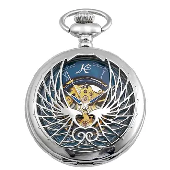 

KS Roman Number Black Men Montre Clock Hollow Carving Wings Case Elegant Mechanical Pocket Watch Fobs Chain + Gift Box /KSP123