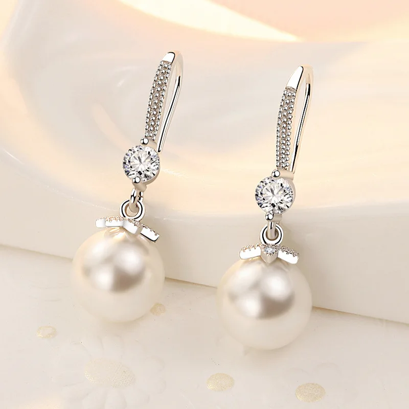 Imitation Pearl Dangle Earrings CZ Women Engagement Wedding Accessories dangle earrings,pearl earrings,drop earrings,pendant earrings,long earrings,crystal earrings