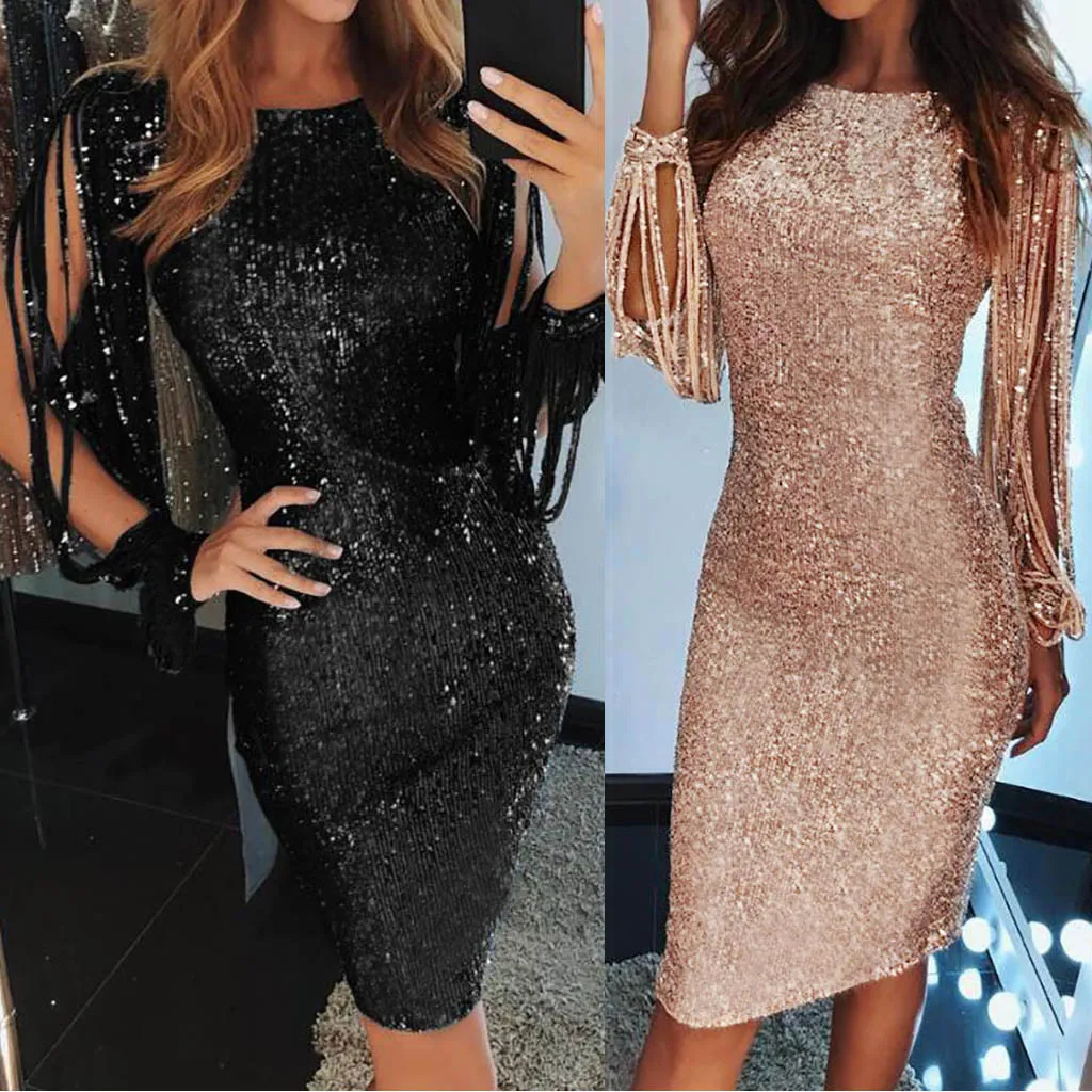 

vestidos summer dress 2020 ropa de mujer Women Sexy Solid Sequined Stitching Shining Club Sheath Long Sleeved Mini Dress #250104