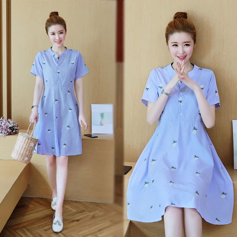 

Maternity Clothes 2019 Summer New Style Stripes Embroidery Mid-length Large Size Pregnant Women Dress